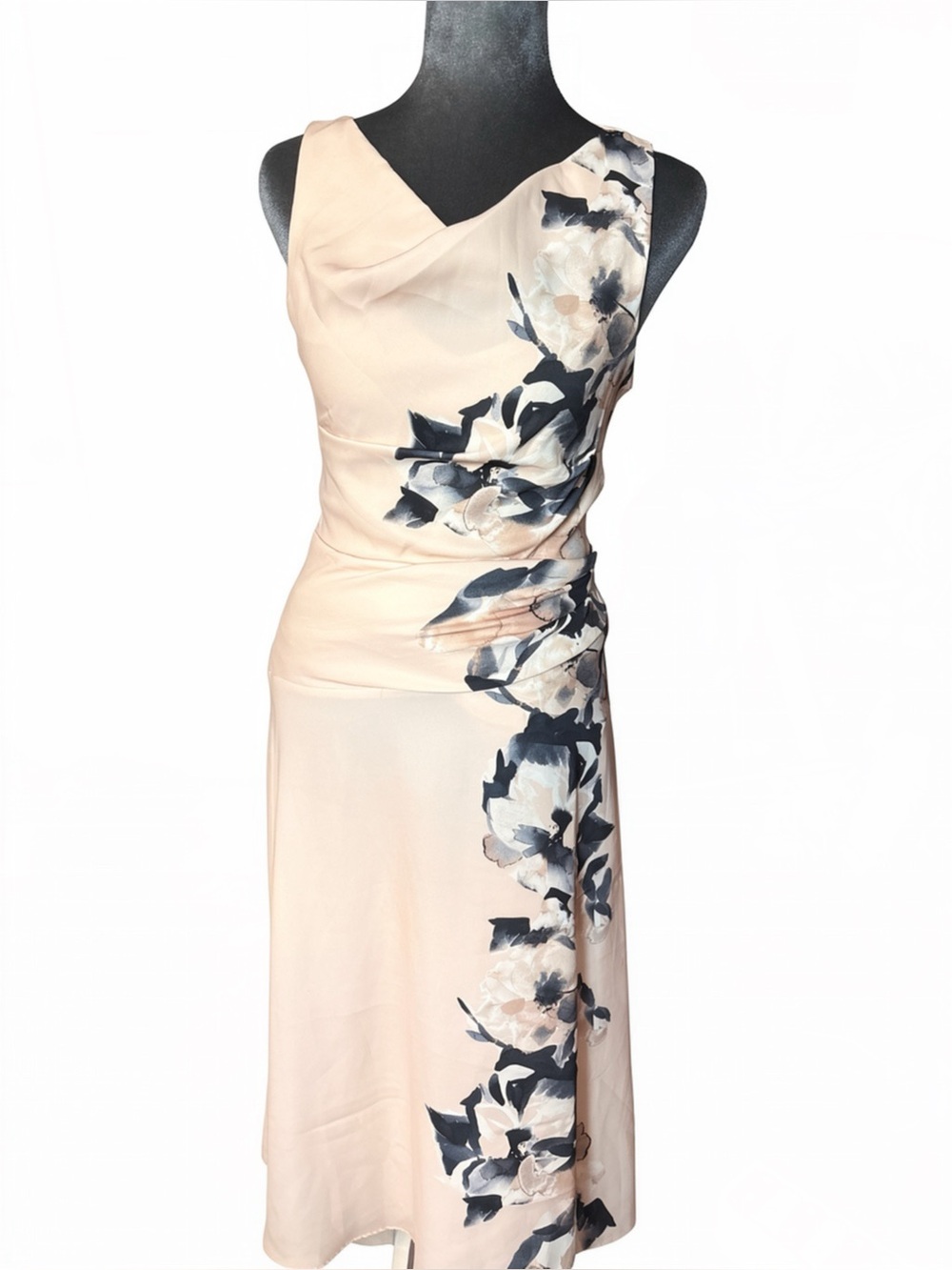 NWT DKNY Floral Asymmetric Cowl Neck Midi Dress Elegant Beige Multi - Size 4P